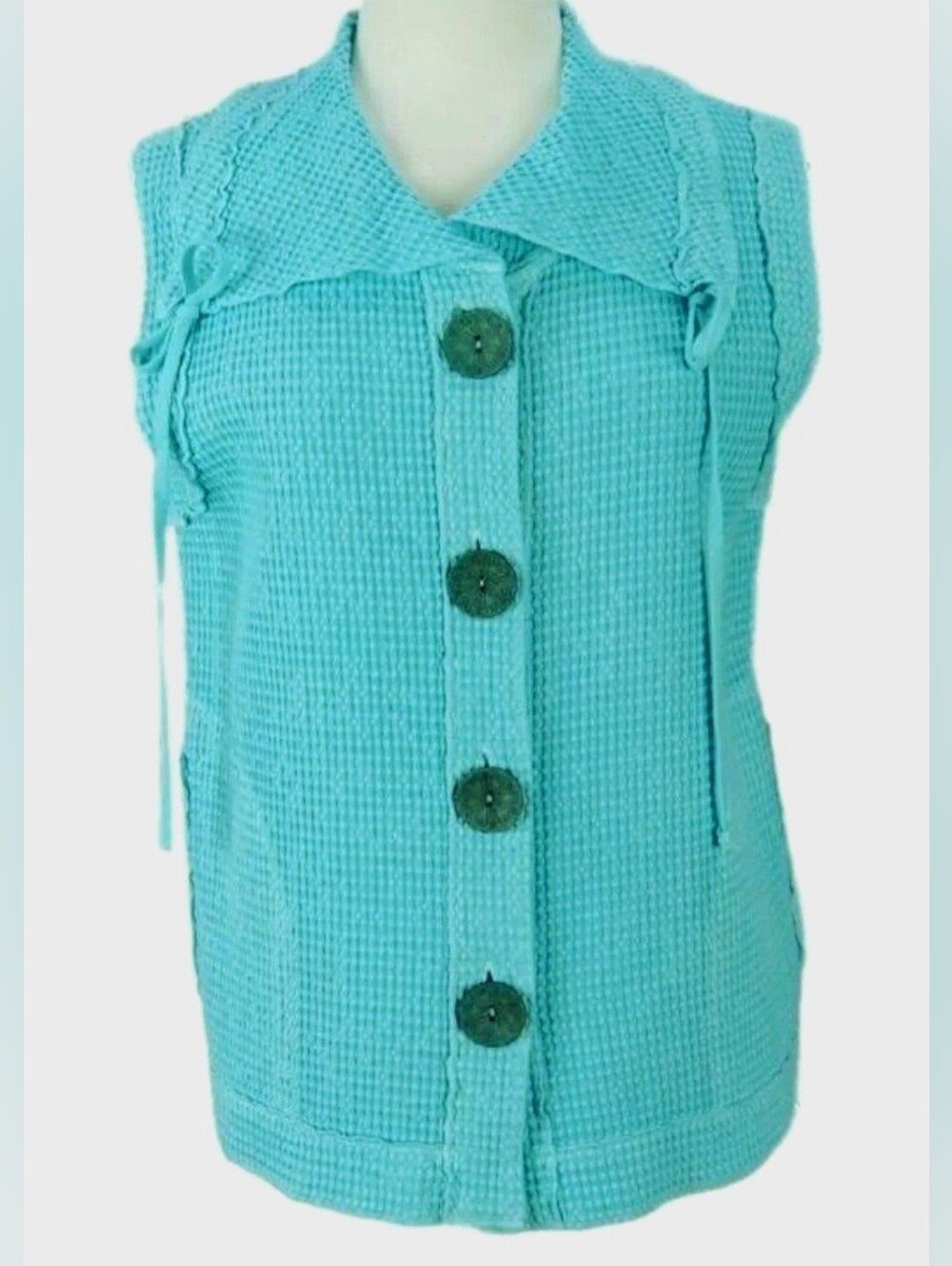 Focus Top Vest, Size XL, Waffle Weave, Cotton, Aqua Blue, Wood Buttons
